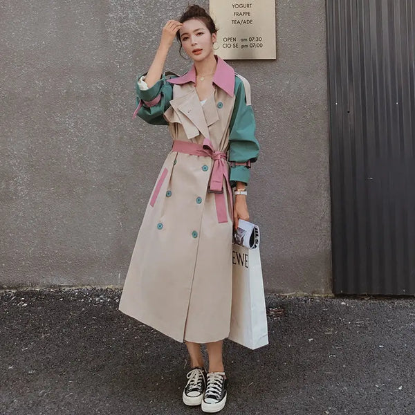 Female Spring Autumn New England Style Drape Trench Coat Color Block Windbreaker Jacket Women's Mid-Length