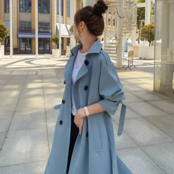 2021 Fashion Women Trench Coat Beige Blue Long Double-Breasted With Belt Spring Autumn Lady Coat Female Korean Loose Outerwear