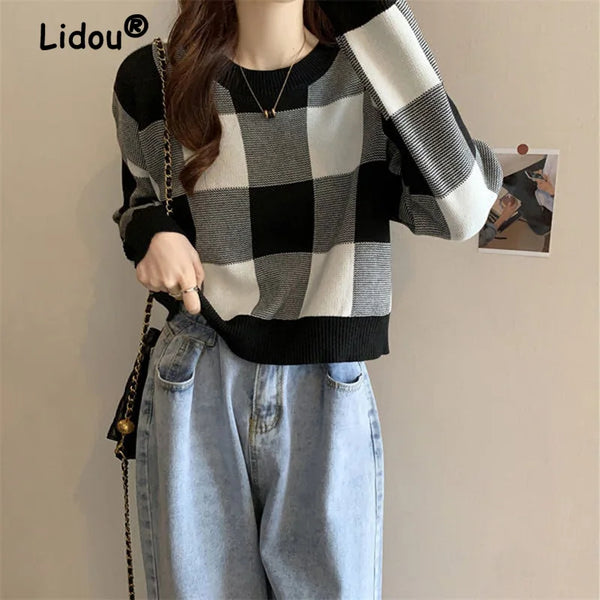 Autumn 2022 New Contrasting Colors Lattice Knitting Shirt Classic Long Sleeve O-collar Loose Gentle Wind All-match Pullover Top