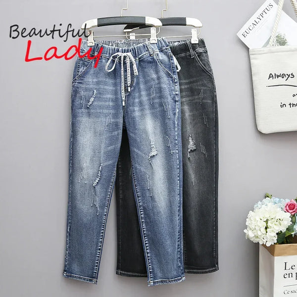 Large Size Baggy Jeans Woman High Waist Loose Harem Pants Elastic Cotton Denim Pants Women Denim Jeans Mom Ripped Jeans