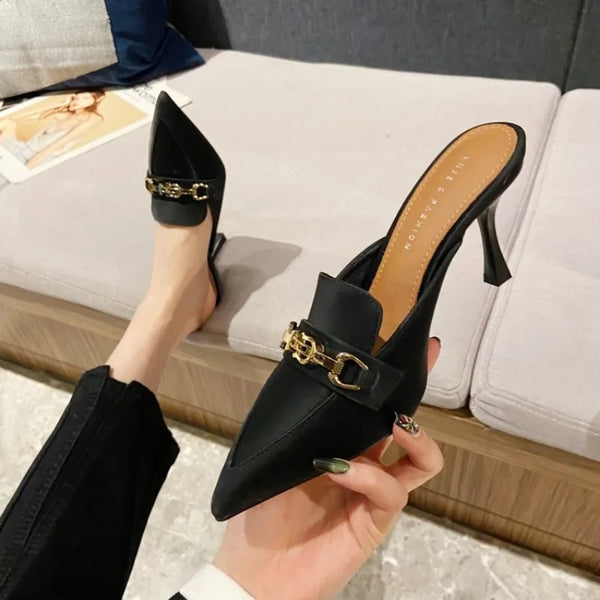 2024 New Snake Print Woman Pumps Slipper Fashion Gold Chain Sandal Shoes Ladies Pointed Toe Slip on Mules Thin Low Heels Slides