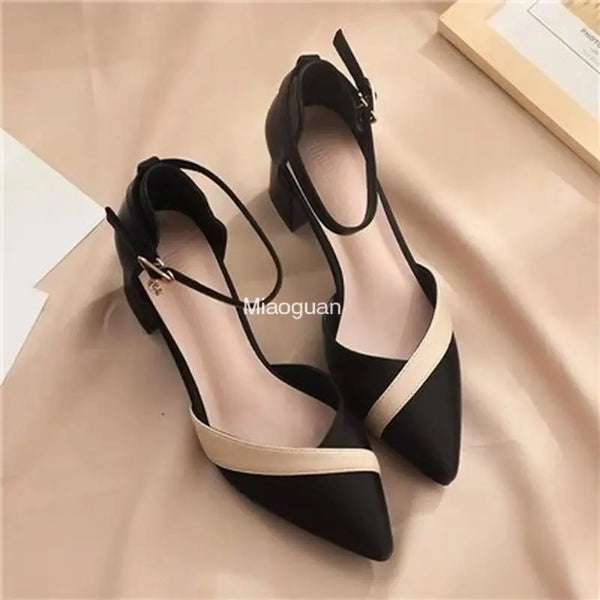 Women's Classic Beige Square Heel Pointed Shoes for Party Ladies Spring Summer Black Buckle PU Leather Profession Pumps 2023 New