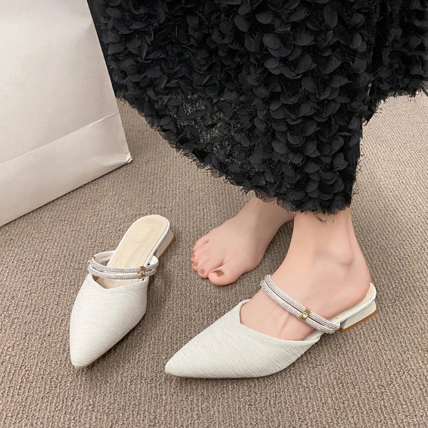 Women Mules Shoes 2024 Summer New Pointed Toe Chunky Heels Ladies Slippers Fashion Plus Size Dress Party Mid Heel Shoes Women