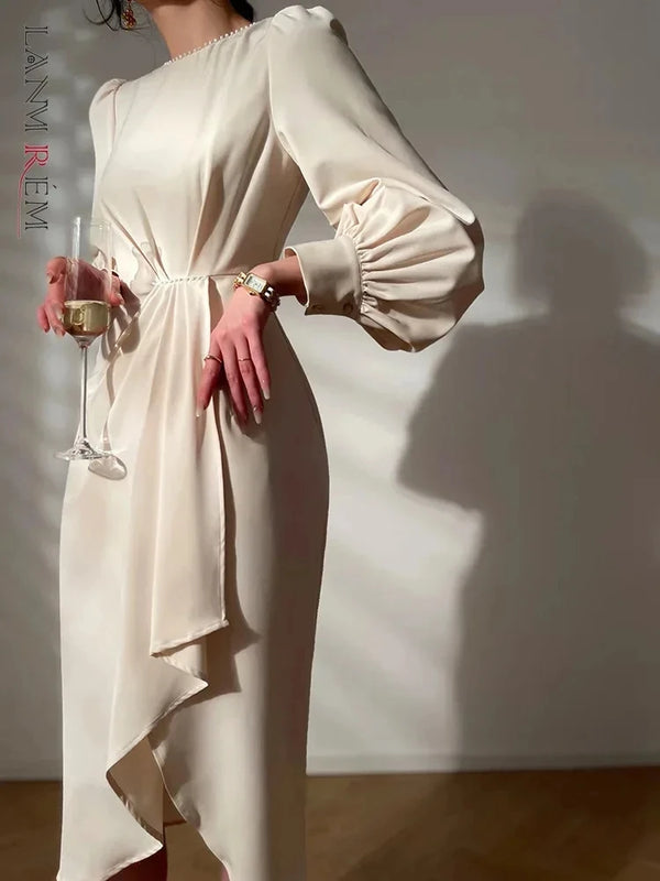 LANMREM French Elegant Irregular Spliced Beaded Dresses For Women Long Sleeve Slim Princess Style Dress 2023 Autumn New 3WQ3808