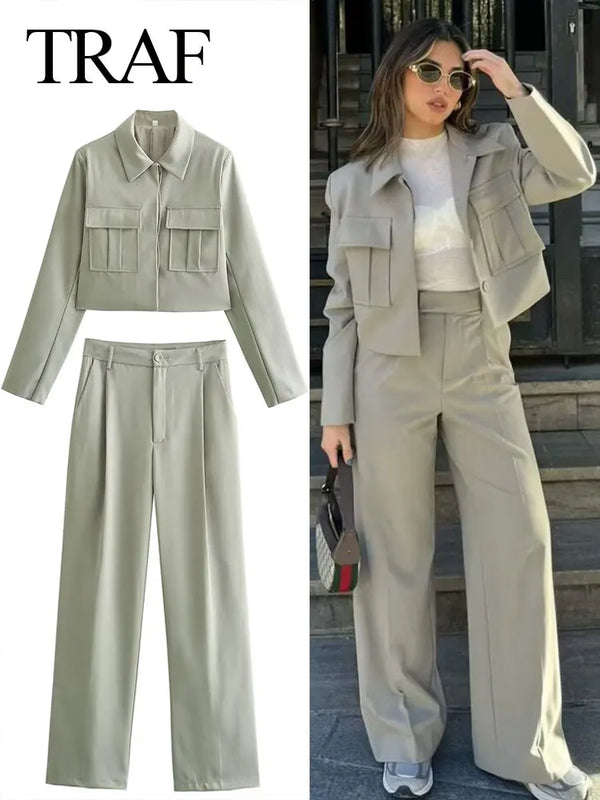 TRAF 2024 Spring 2 Piece Suits For Women Long Sleeve Short Cardigan Coat + Commute Versatile Pleats Women's Wide Leg Long Pant