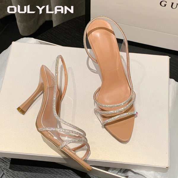 2024 Women Pumps Sandals Summer Slingback High Heels Rhinestones Elegant Pointed Toe Transparent PVC Party Wedding Shoes