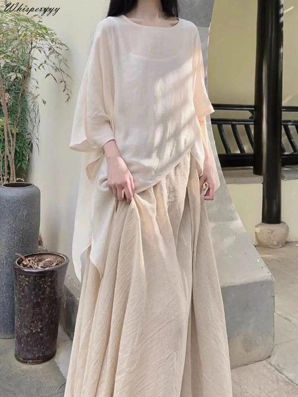 New Chinese Short Sleeve Top Summer Zen Apricot Irregular Cotton Linen Skirt 3 Sets 2024 Women Vintage Set