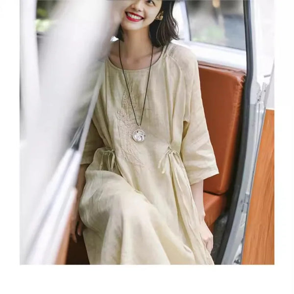 Johnature 2024 Woman Summer New Fashion Linen Embroidery Vintage Solid Color Dress O-Neck Loose Half Sleeve Personality Dress