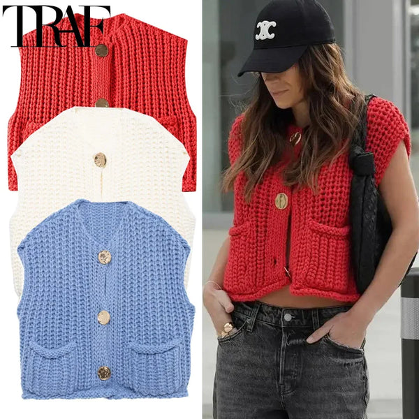 TRAF Knit Sweater Vests For Women Sleeveless Crop Red Sweater Vest Fall Casual Beige Knitted Vest Woman Fashion Button Blue Vest