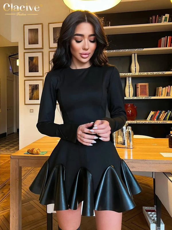 Clacive Bodycon Black Knitted Women Dress Fashion O-Neck Long Sleeve Office Mini Dresses Elegnat Patchwork Pleated Female Dress