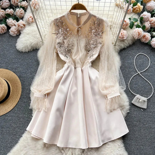 Retro Elegant O Neck Patchwork Mesh Dress A-line Long Sleeve Casual High Waist Dress Women Ceremonial Dress