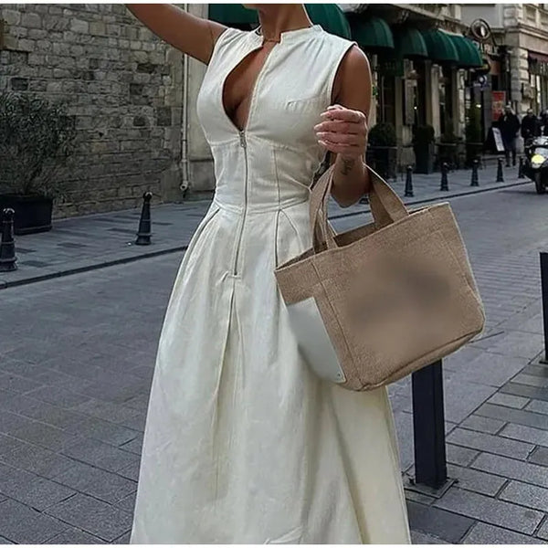 Elegant Long Dress Sleeveless V Neck Pleated Women's Office Summer White Church Maxi Dress Zipper Tailored Vintage Style 2024