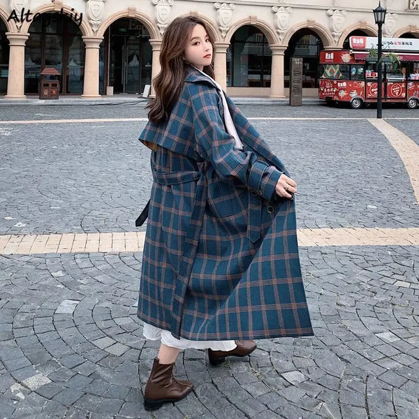 Baggy Plaid Trench Women Classic Harajuku Aesthetic Streetwear Simple Spring Autumn Overcoats Gentle Fashion British Clothing