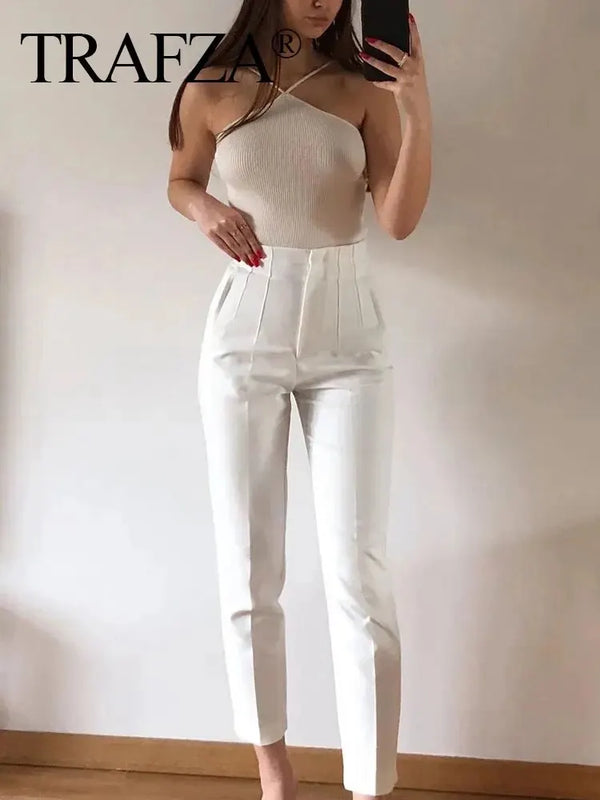 TRAFZA Pencil Pants For Womens Spring Fashion Vintage Solid High Waist Zipper Slim Pant Female Casual Streetwear Chic Trousers