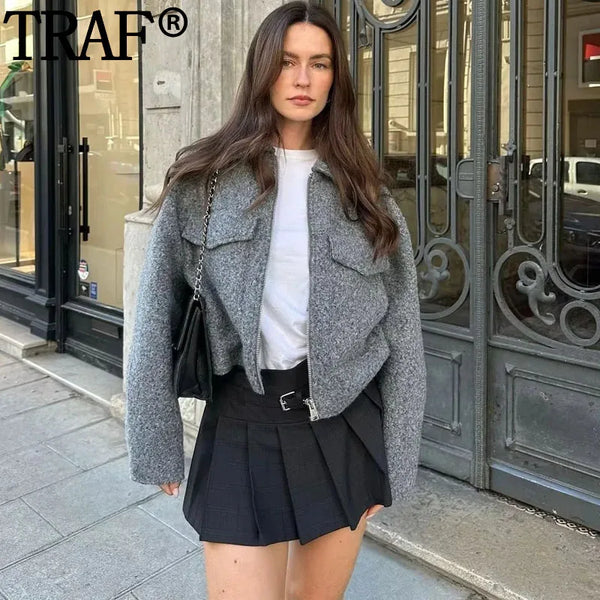 TRAF Women's Bomber Jackets Zip Up Grey Cropped Jacket For Women Faux Sheepskin Coat Woman Winter 2023 Long Sleeve New In Coats