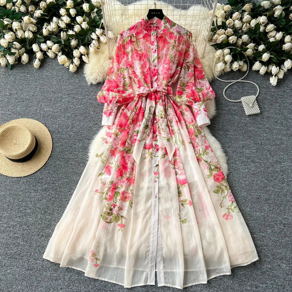 Retro Print o neck  lool sleeve sashes Single Breasted Dress A-line Casual High Waist Women Summer chiffon Dresses