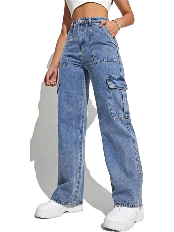 Women Wide Leg Baggy Jeans Lady Vintage Y2K Punk High Waist Loose Cargo Denim Pants Streetwear Pockets Trashy Skater Trousers