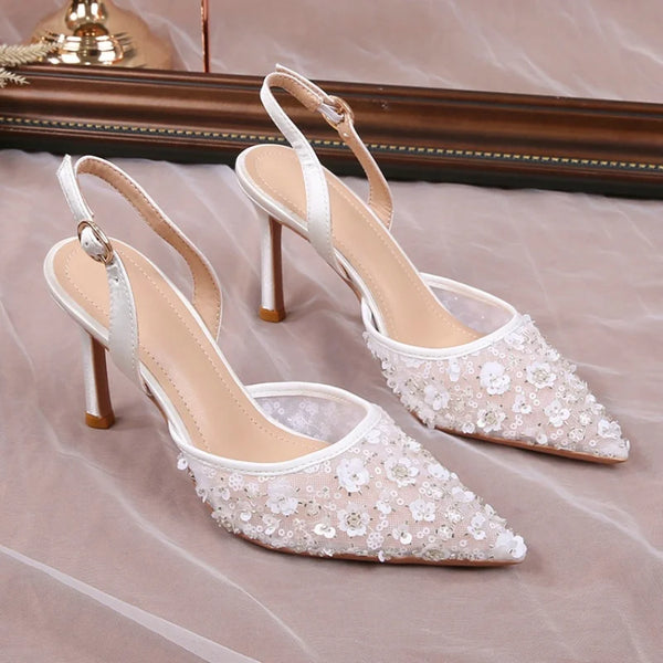 2024 Summer Lace Beaded Wedding Shoes Back Strap High Heels Bridesmaid Sandals For Women French Party Heels