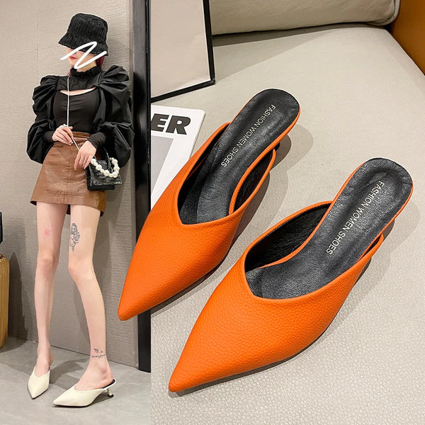 Thin Heels Pointed Toe Med Female Shoes Ladies' Slippers Low Shallow Mules For Women 2024 Luxury Slides New Designer Fashion Bas