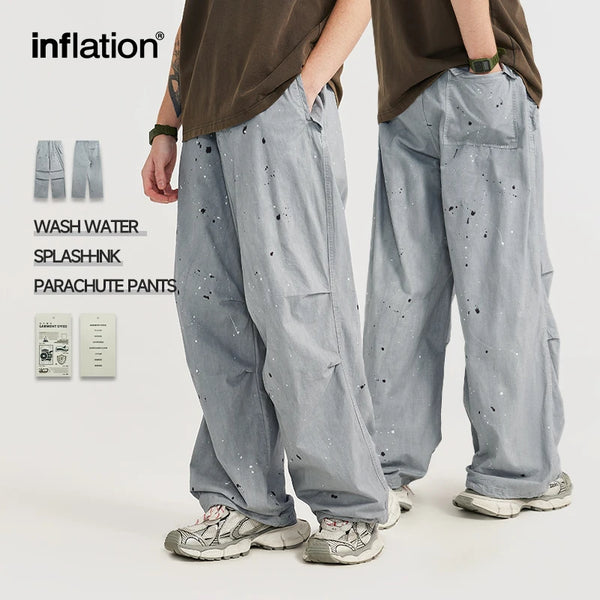 INFLATION Streetwear Washed Splashed Parachute Pants Mens Summer Wide Leg Cargo Pants