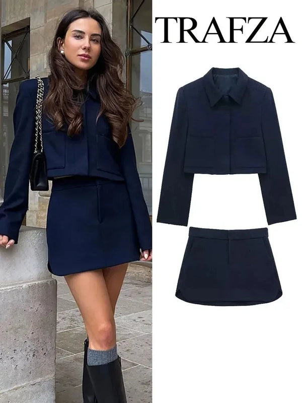 TRAFZA Spring Elegant Women's Short Satin Blazer Suit Zipper High Waist Women's Casual A-Line Loose Pleated Skirt 2-piece Set