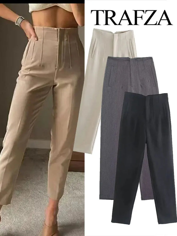 TRAFZA 2024 Women's Solid Color Office Slim Fit Pencil Pants High Waist Zipper Fly Women's Commuting Pocket Trim Pant Streetwear