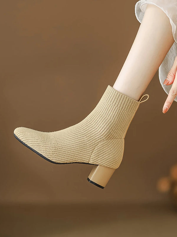 Fashionable Casual Autumn Winter New Square Toe Thick Heel Short Women Boots Elastic Solid Color High Heel Mart Boots