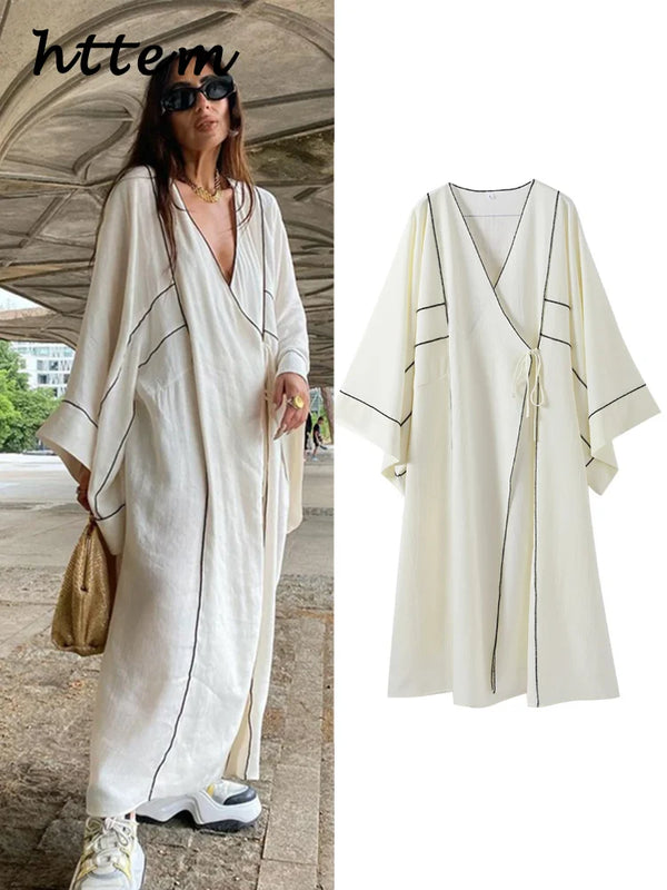 Loose Print Lace Up Maxi Dress Women Fashion White V-neck Long Sleeve Female Dresses 2024 Summer Casual Lady Contrast Dubai Robe