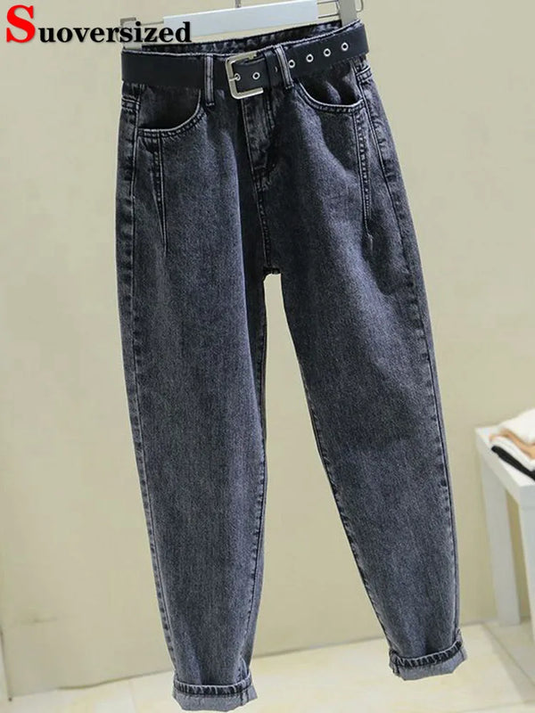 Korean High Waist Harem Jeans With Belt Women Streetwear Ankle Length Kot Pantolon Spring Fall Baggy Vintage Casual Vaqueros New