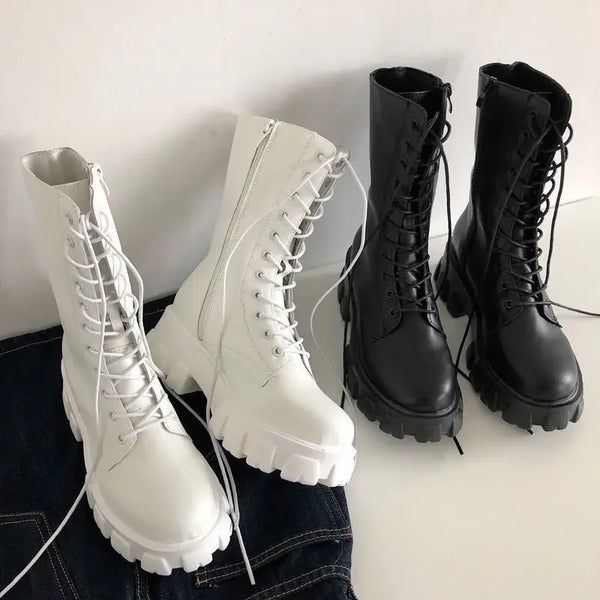 2024 New Mid Calf Boots Women Autumn Winter Fashion Lace-up Zipper Botas Mujer Boots Sports Platform HeelLadies ShoesBootsWomen