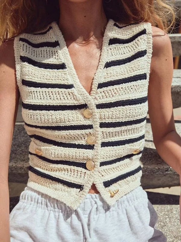 TRAFZA Summer Vest Woman 2024 Trendy Stripe V-Neck Sleeveless Buttons Single Breasted Sweater Tops Female Casual Knitted Tops