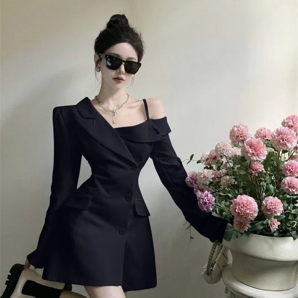 High-end Elegant Suit Mini Dress Women Off Shoulder Irregular A Line Dresses Korean Office Lady Button Slim Chic Blazer Vestidos